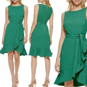 Calvin Klein Green Sleeveless Riffle Trim Midi Dress